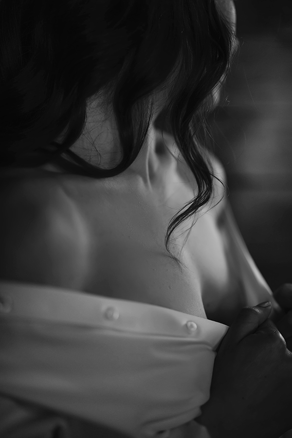black and white boudoir with men's shirt